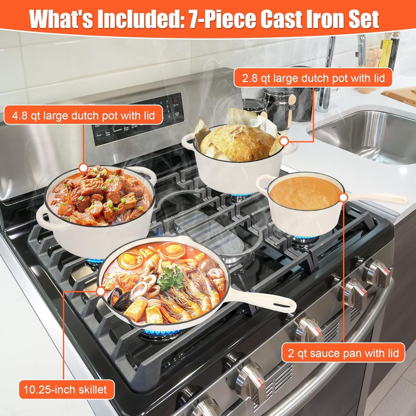 QuliMetal Nonstick Enameled Cast Iron Cookware Set, 7-Pcs Pots and Pans with Lid, Frying Pan Skillet, Sauce Pan, Healthy Round Dutch Oven Pot for Sourdough Bread Baking on All Stovetop, Cream White