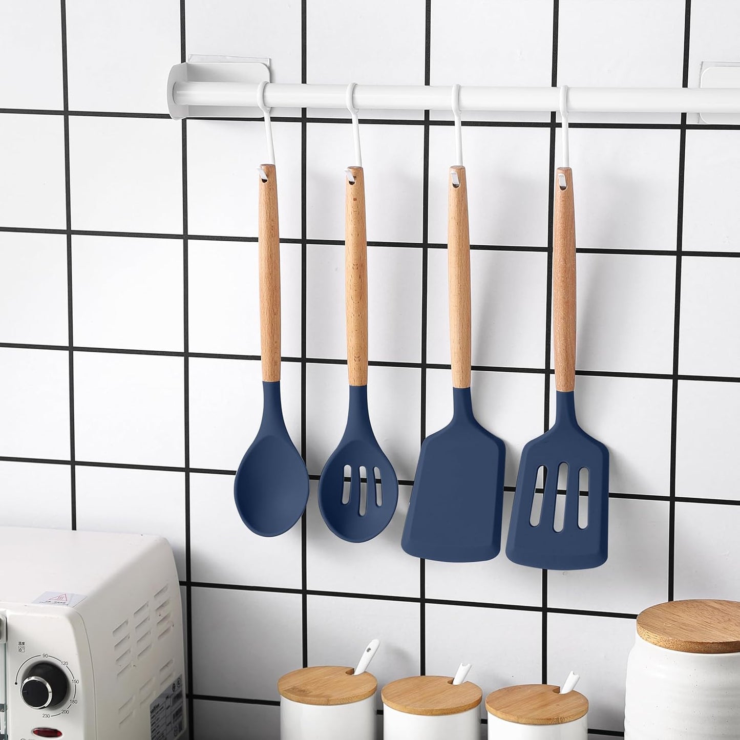 Country Kitchen Non Stick Silicone Utensil Set with Rounded Wood Handles for Cooking and Baking, 14 Piece Set, Navy
