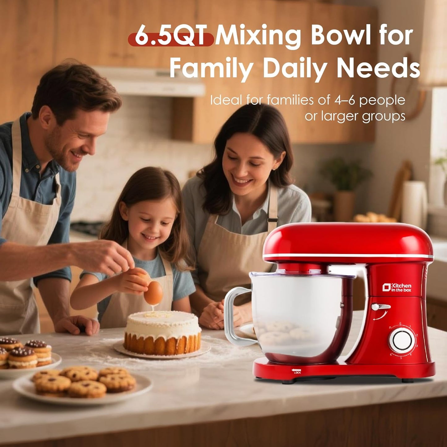 Kitchen in the box Stand Mixer - 6.5 Quart Mixing Bowl with Handle, 900 Watt Powerful Heavy Bread Dough Mixers Tilt-head with Dough Hook, Whisk, Flat Beater and Splash Guard (Red)