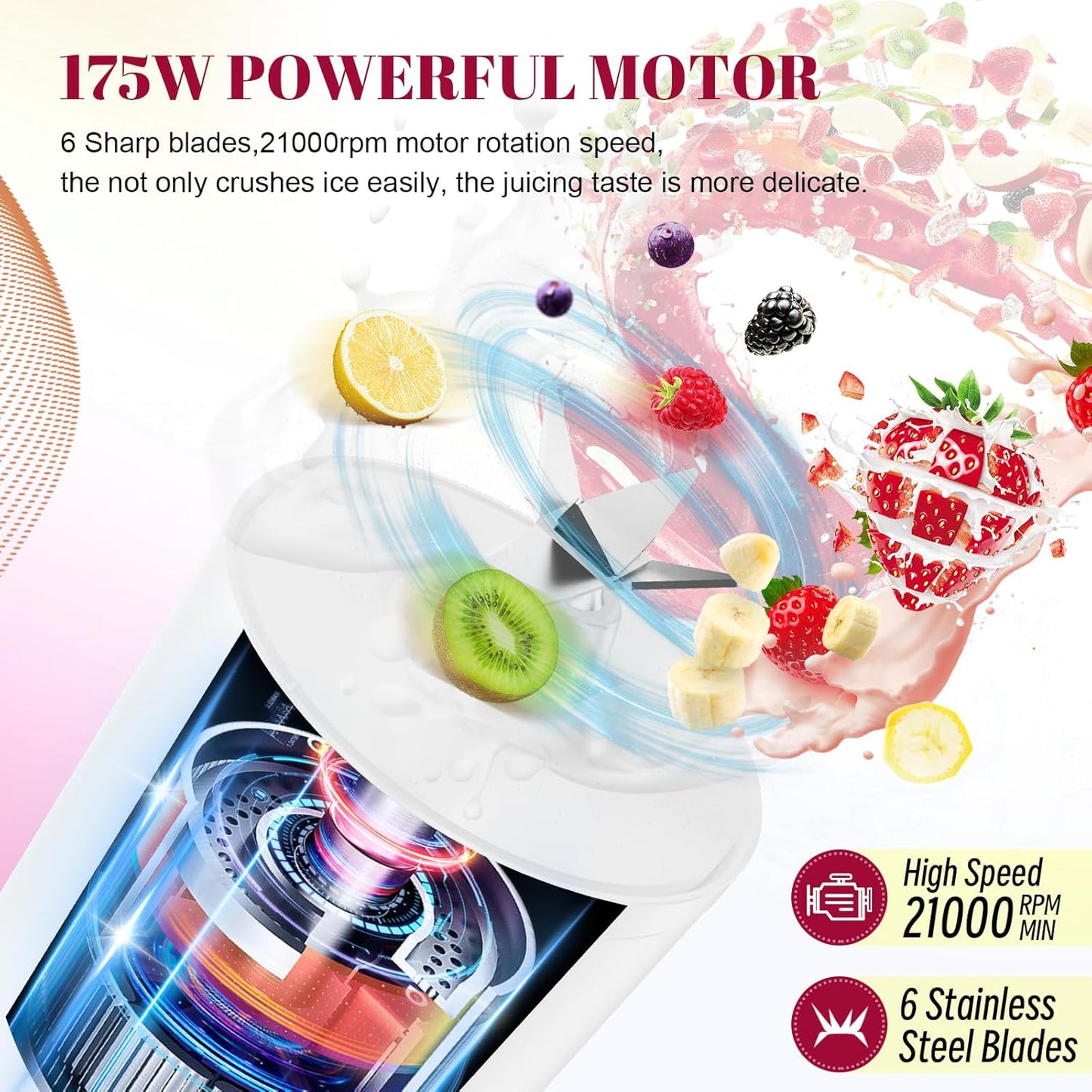 Portable Personal Blender 17 OZ/500 ML Juicer, 175W Personal Size Blender, Ideal for Smoothies, Ice Blending, Juicing, and Food Processing, Compact, Convenient, and Versatile (White)