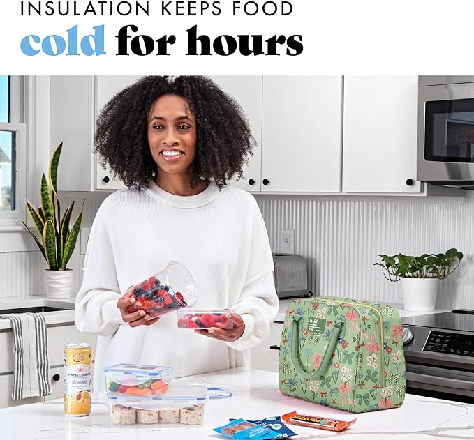 Fit & Fresh Bloomington Lunch Bag for Women - Insulated Large Lunch Box for Work with Containers, Leak-Resistant, Stain-Resistant, Zipper Closure, Sage Bows & Flowers