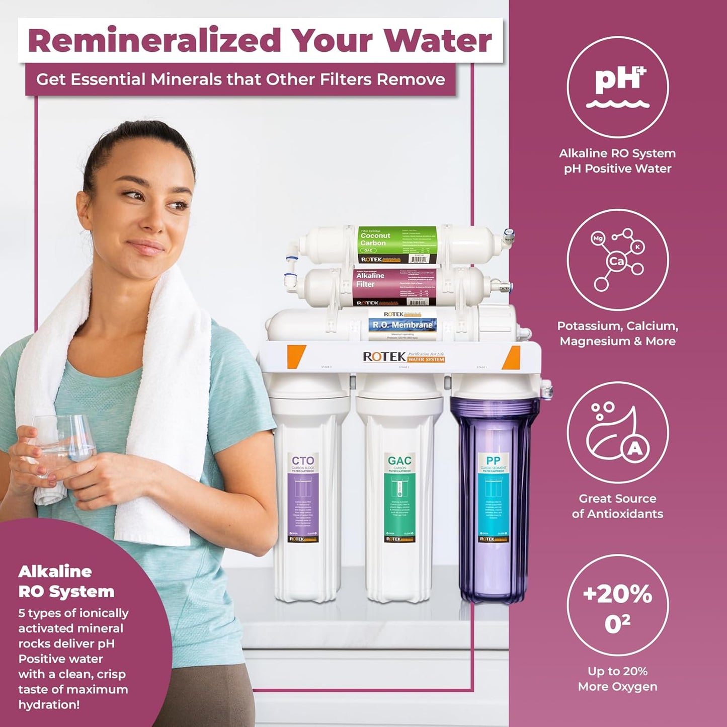 Rotek Water Systems Reverse Osmosis Water Filtration System, Under Sink 6-Stage ALK pH+ Remineralization RO Water Filter System, No Pump, Contains Leak Stop Valve, 100 GPD, Alkaline RO System