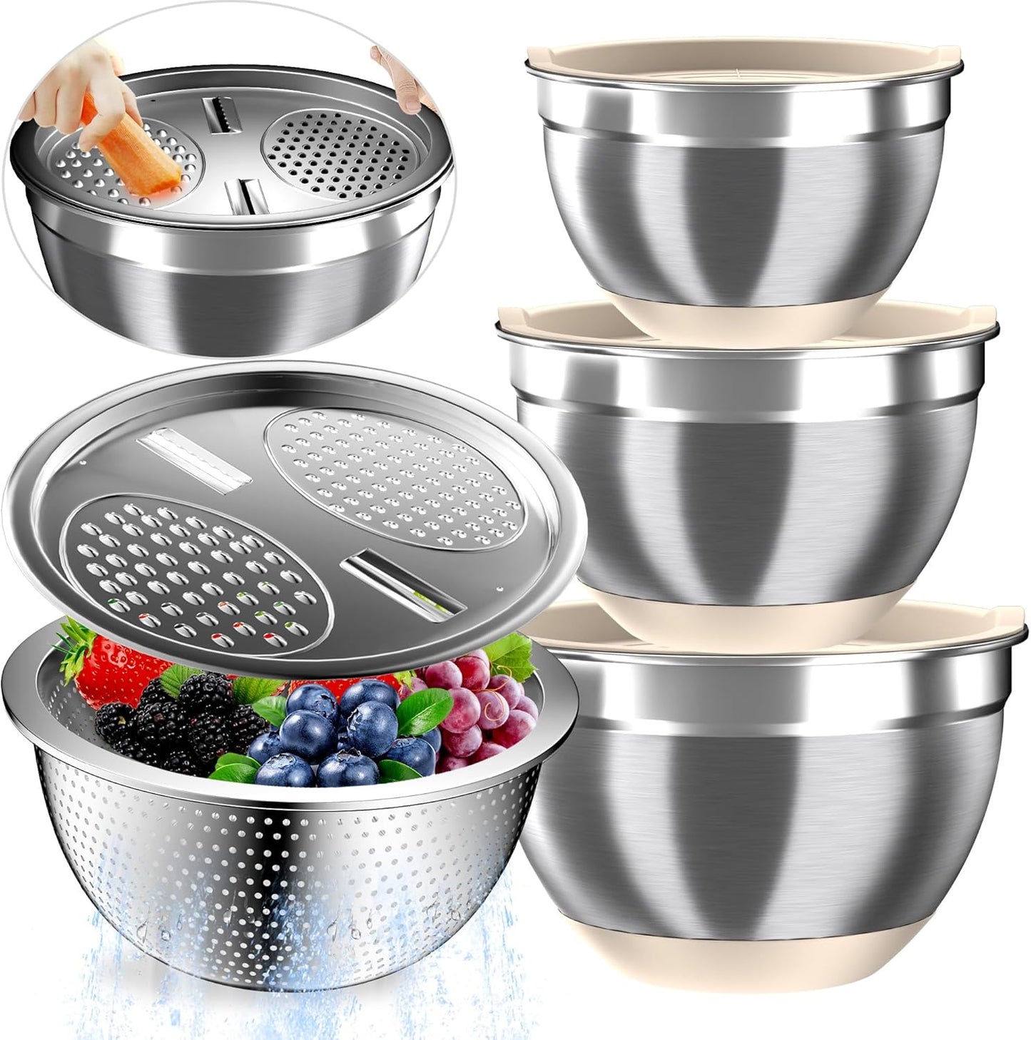 Mixing Bowls with Airtight Lids, Stainless Steel Mixing Bowl Set with 3 Metal Nesting Bowls, Colander & Grater, Non-Slip Bottoms, Size 1.5, 2.5, 5 QT, Great for Mixing & Serving, Khaki