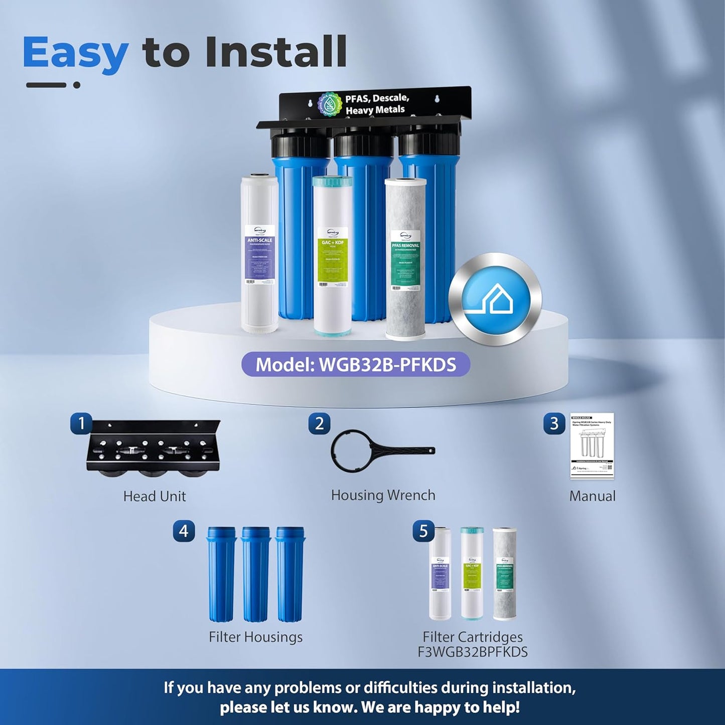 iSpring Whole House Water Filter System, Ultimate PFAS, Scale, Heavy Metals Protection Removes Up to 99% PFOA & PFOS with SGS-Tested Media, 3-Stage Filtration, 20” x 4.5” Filters, Model: WGB32B-PFKDS