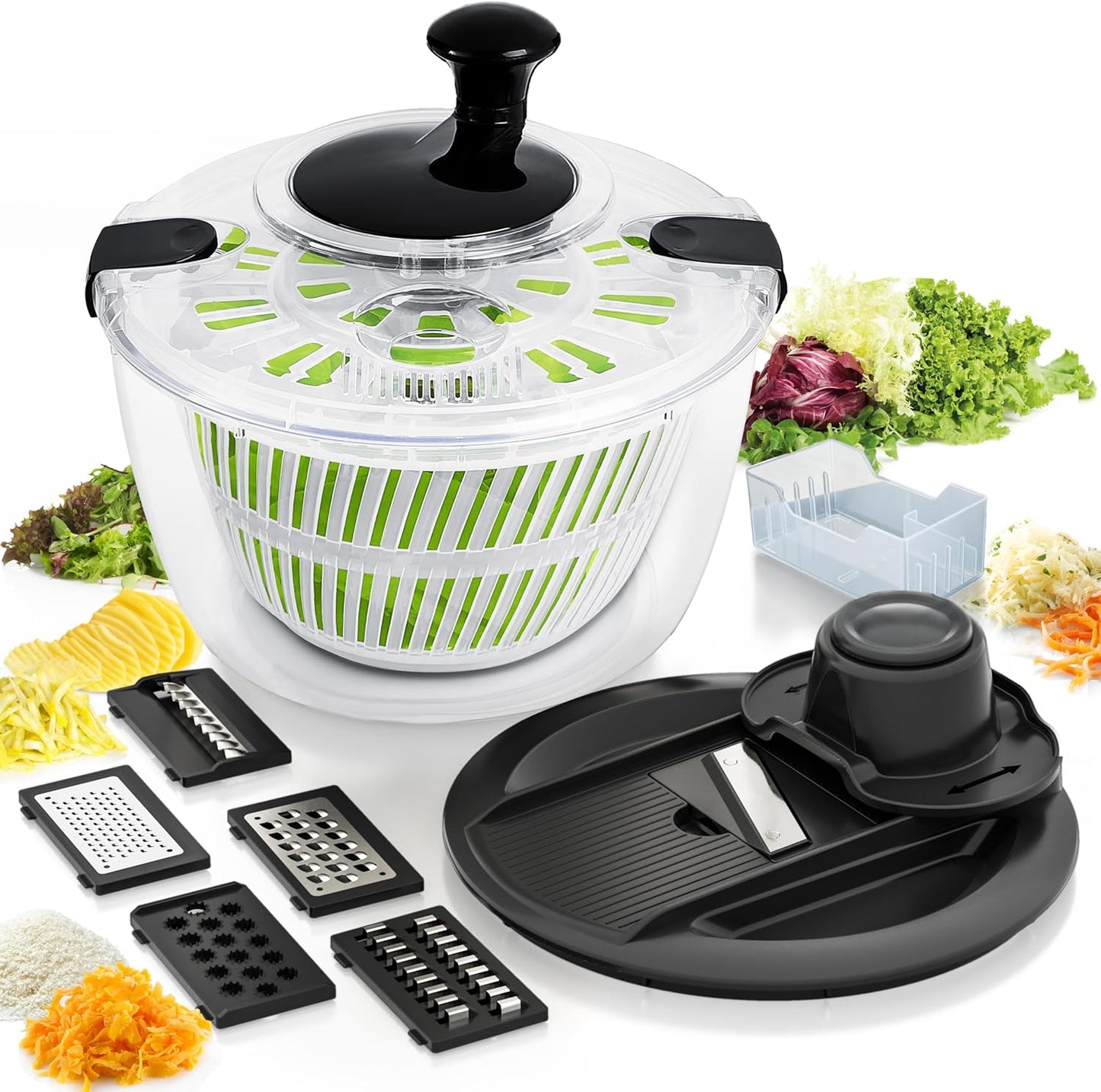 Joined Large Salad Spinner and Mandoline Slicer 6 in 1, Multi-Use Lettuce Spinner with Drain, Bowl, and Colander, Vegetable Dryer, Kitchen Slicer for Healthy Cooking, Perfect Holiday Gift - 5.28 Qt