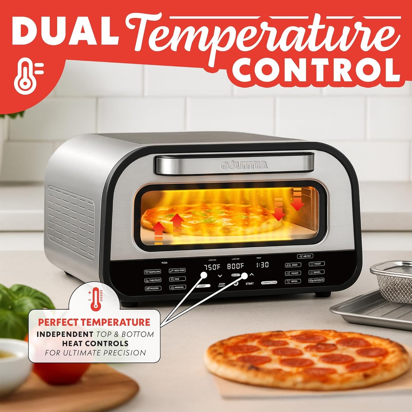 Gourmia Indoor Pizza Oven Air Fryer Toaster – 1800W Countertop Multi-Cooker with Pizza Stone, Digital Controls & 6 Presets, Stainless Steel