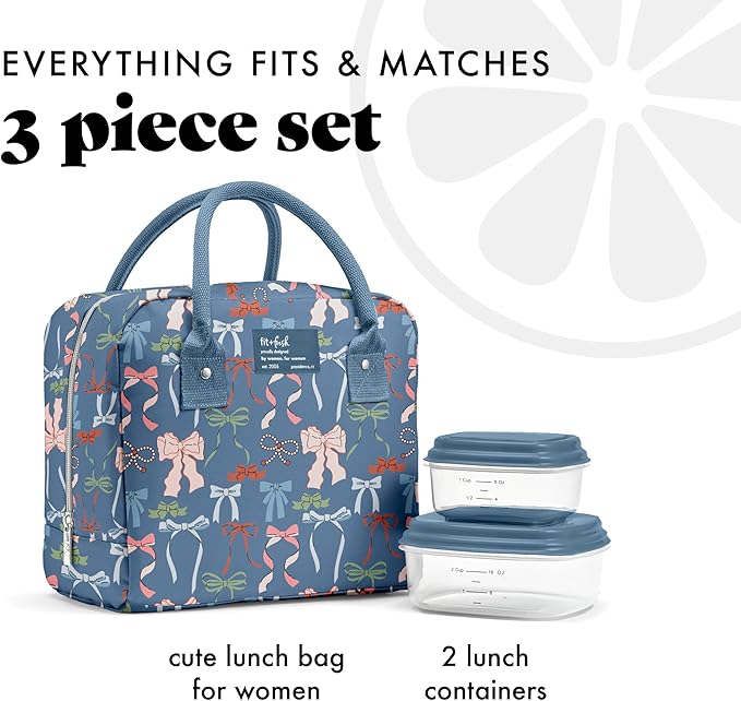 Fit & Fresh Bloomington Lunch Bag for Women - Insulated Large Lunch Box for Work with Containers, Leak-Resistant, Stain-Resistant, Zipper Closure, Denim Bows