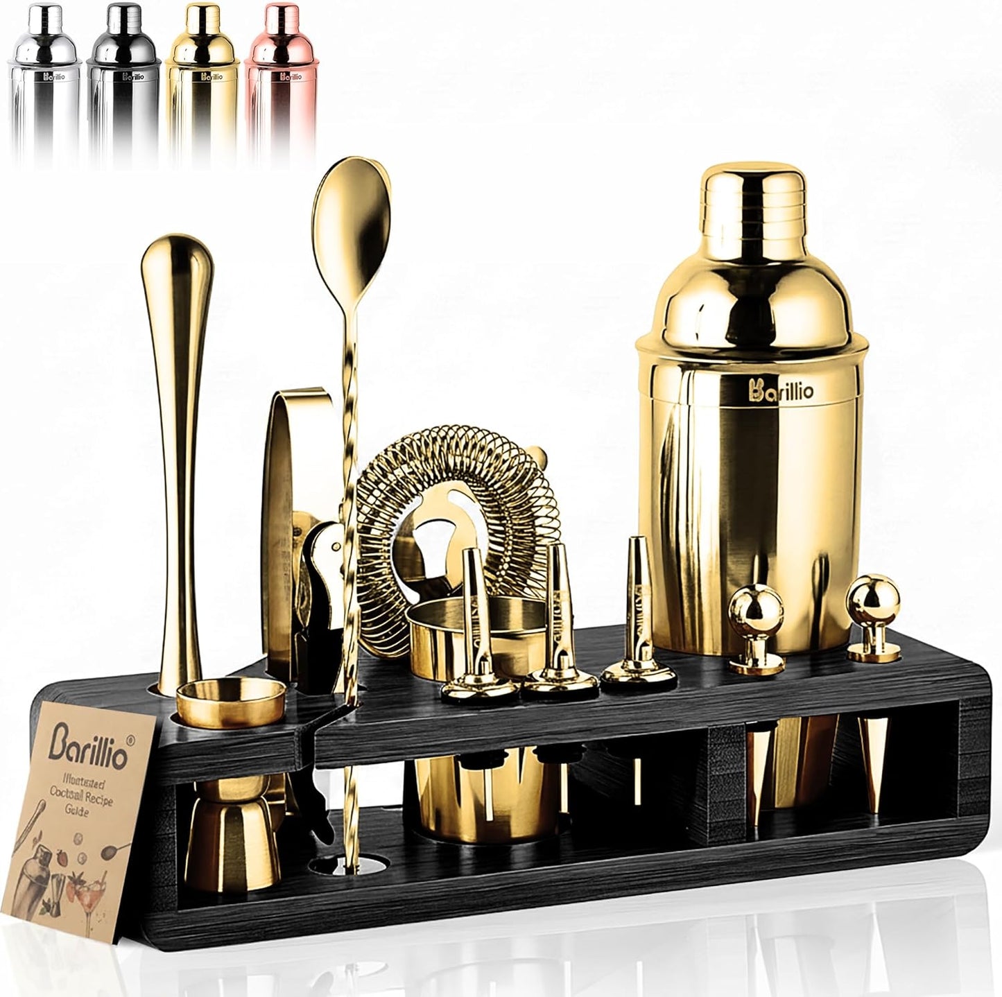 Barillio Gold Bartender Kit - Stainless-Steel Cocktail Shaker Set w/Black Bamboo Stand - Mixology Bar Tools w/Drink Shaker, Mixer, and Muddler for Cocktails - Home Bar Accessories - 23-Pc Bar Set