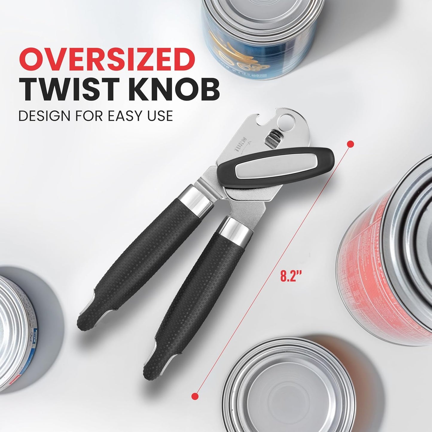 Zulay Kitchen Heavy Duty Stainless Steel Can Opener Manual with Large Bottle Opener - Manual Can Opener with Turn Knob with Soft Grip Handles - Black