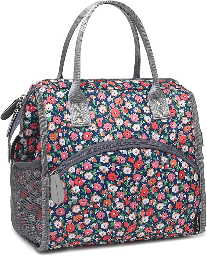 FlowFly Insulated Lunch Bag for Women, Men, Large and Reusable, Handle, Work and Travel Tote and Meal Prep Organizer, Floral