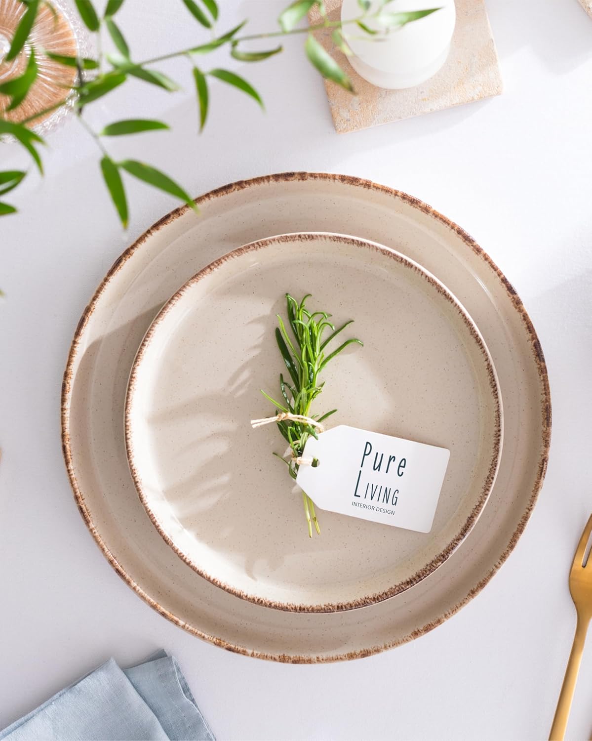 Stoneware dinnerware set 8 persons Rustic 32 pcs - Rustic design dinnerware set, dishwasher safe - Bowl and plate set - Pure Living dinnerware in beige…