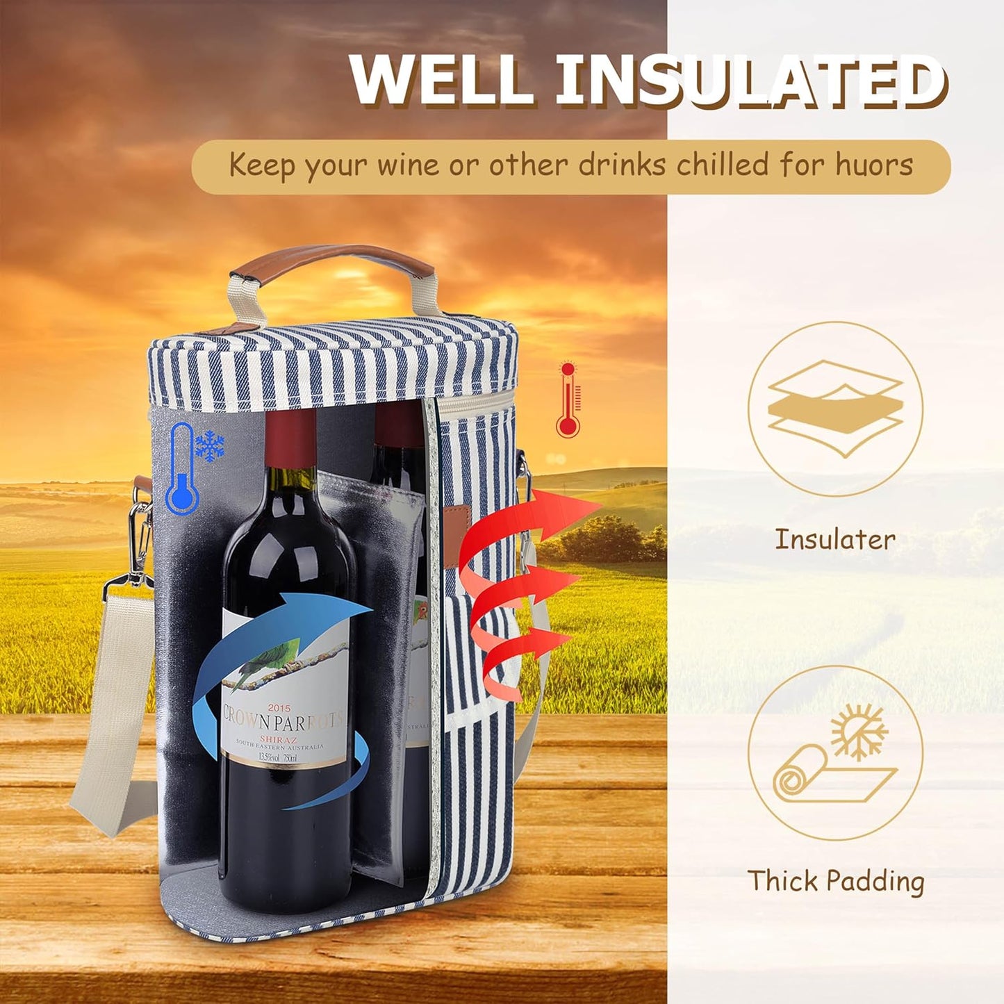 Tirrinia 2 Bottle Wine Gift Tote Carrier - Leakproof & Insulated with large pockets Wine Cooler Bag for Travel, Wine Tasting, Party, Dinner,Great Gift for Wine Lover