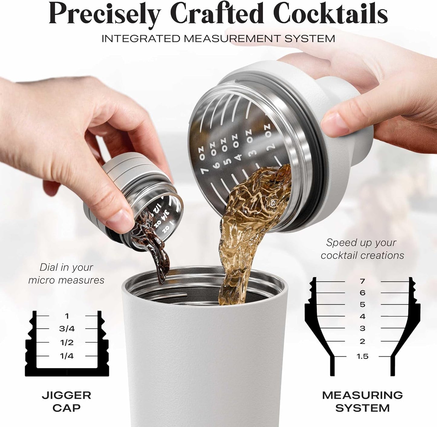 Insulated Cocktail Shaker Set | Double Wall Stainless Steel | Martini Shaker for Home Bar Bartending | Built-in Drink Measurement System & Strainer, Travel Bag, 35 Recipes | Gift Set (Matt White)