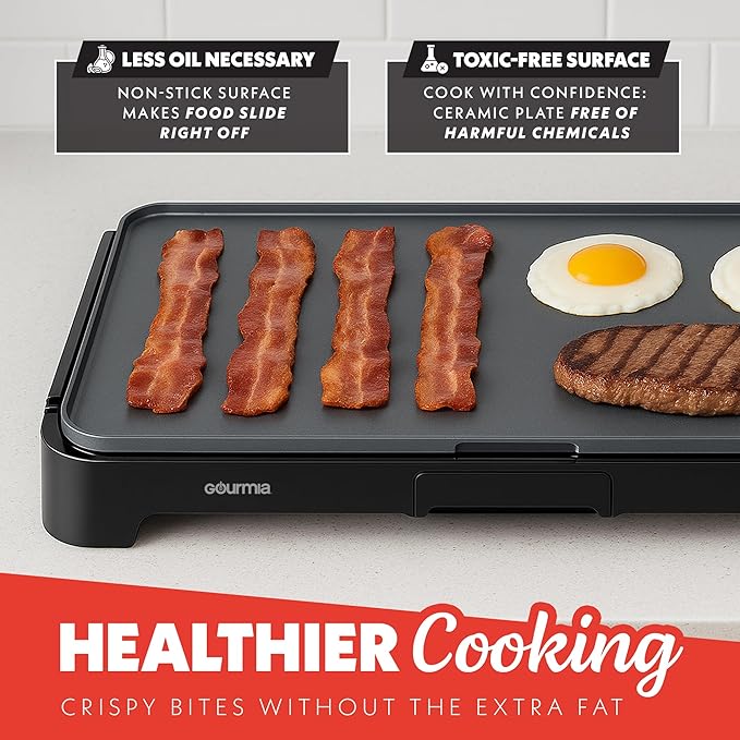 Gourmia 22-Inch XL Electric Griddle Pan - Nonstick Extra Large Ceramic Surface for Breakfast, Pancakes - Non-Toxic Flat Top Cooker - Countertop Kitchen Appliances for Tabletop Indoor Cooking