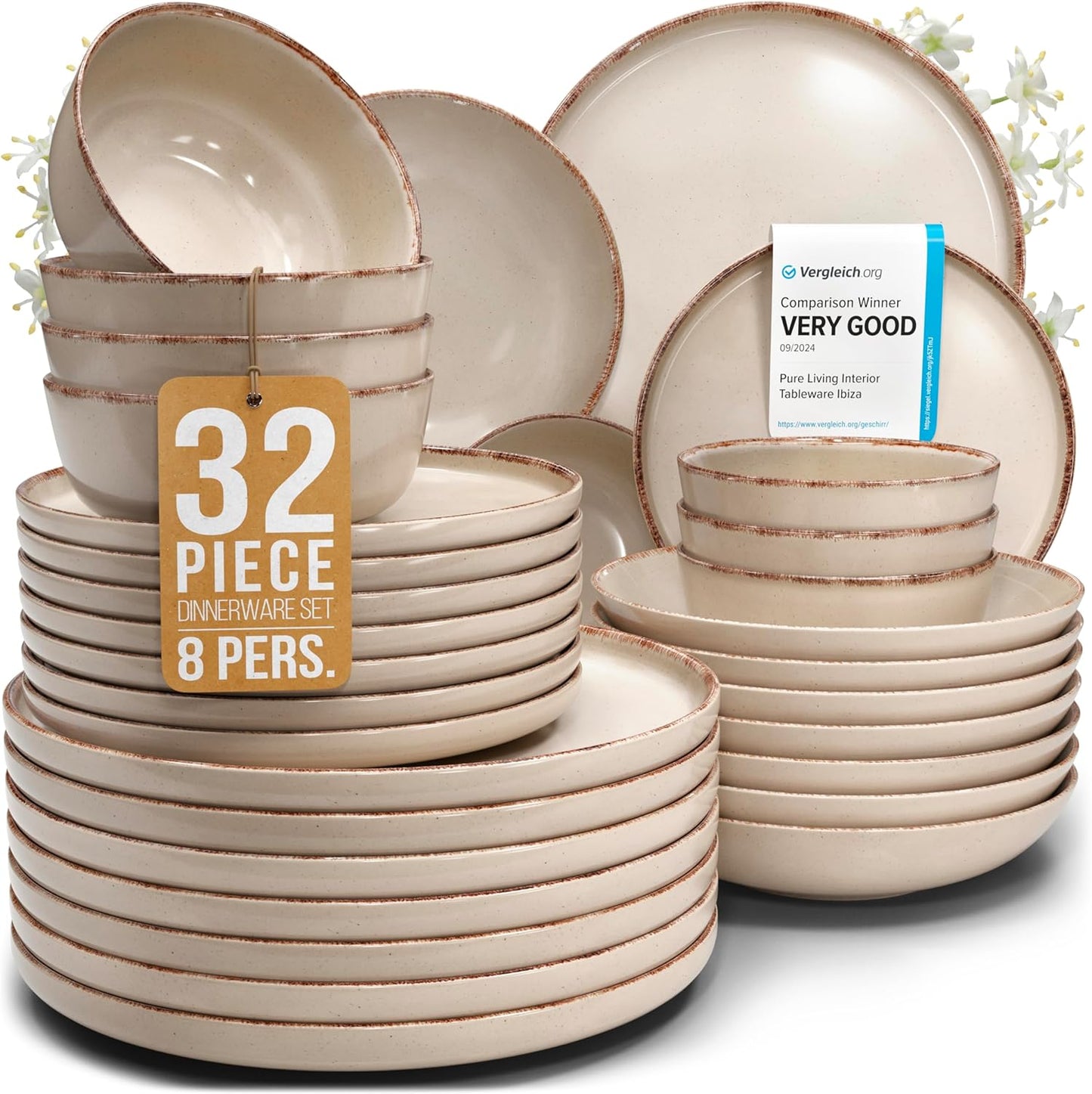 Stoneware dinnerware set 8 persons Rustic 32 pcs - Rustic design dinnerware set, dishwasher safe - Bowl and plate set - Pure Living dinnerware in beige…