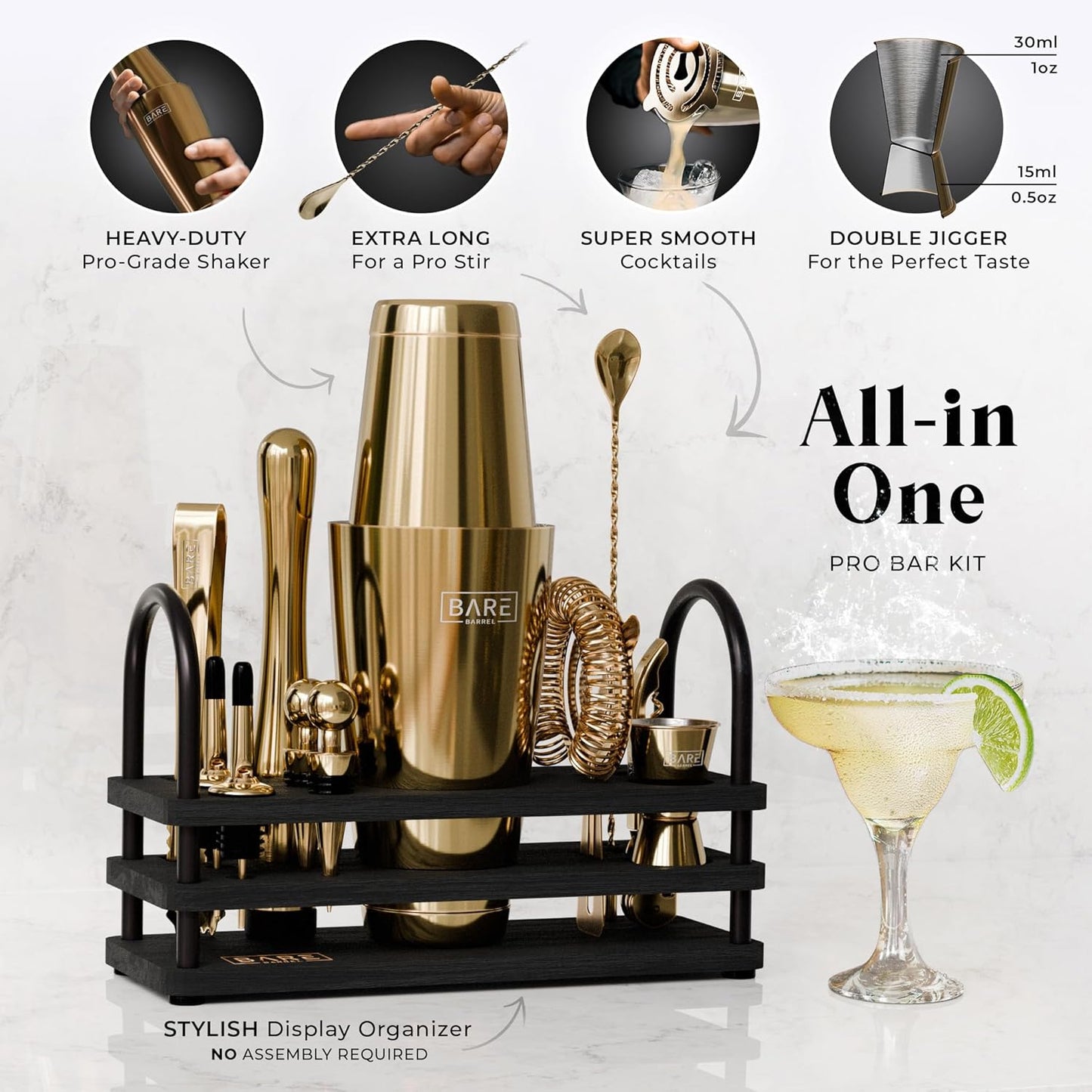 BARE BARREL® Mixology Bartender Kit Bar Set | 14-Piece Cocktail Shaker Set | Martini Barware Mixing Tools for Home Bartending | 35 Recipe Cards | Gift Set (28oz Boston Shaker, Gold/Black)