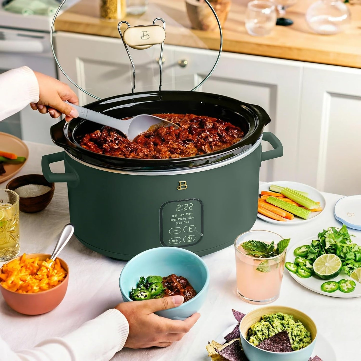 Beautiful 6 Qt Programmable Slow Cooker by Drew Barrymore - 5 Preset Cooking Functions, Digital Countdown Timer, Dishwasher-Safe Parts, and Cool-Touch Handles (Thyme Green)