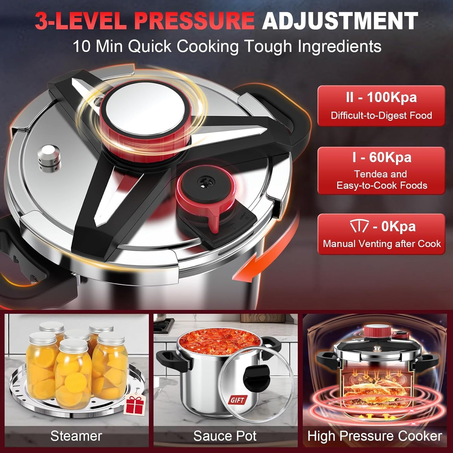 3-In-1 Stainless Steel Pressure Cooker 8 QT: [Save 70% Time] [3 PSI Settings], One-Hand Locking, Induction Compatible, Glass Lid & Steamer Rack Included, Olla de Presion