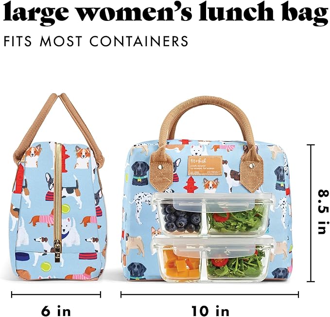 Fit & Fresh Insulated Lunch Bag for Women - Large Leakproof & Stain-Resistant Box With Containers, Zipper Closure - Bloomington, Dogs Theme