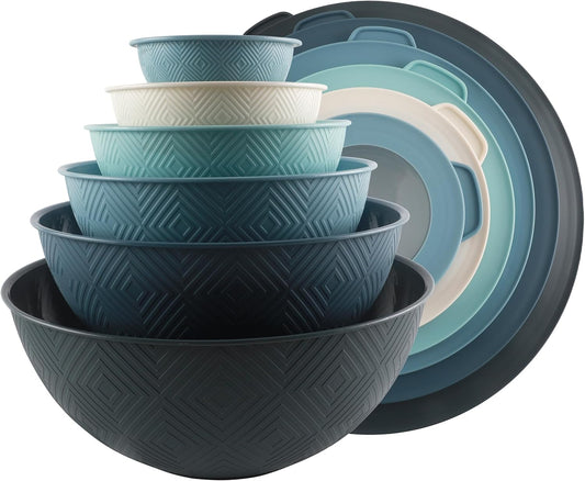 COOK WITH COLOR Mixing Bowls with Lids - 12 Piece Plastic Nesting Bowls Set includes 6 Prep Bowls and 6 Lids, Rhombus Design - Microwave Safe (Blue)