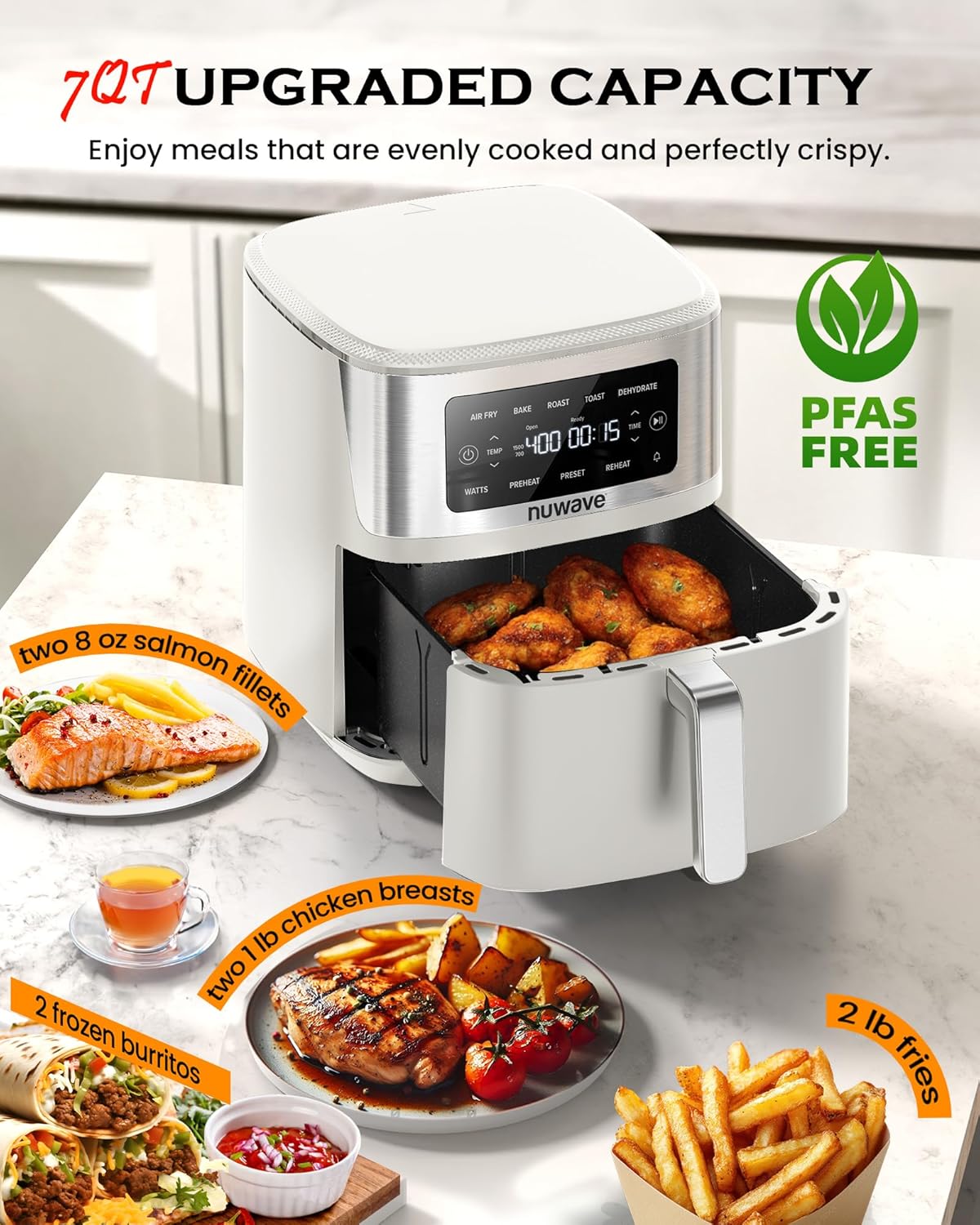 Nuwave Brio Plus 6-in-1 Air Fryer, 7-Qt Large Capacity, 50°F–400°F Precise Temp Control, Non-Toxic PFAS-Free Nonstick, Air Fry, Bake, Roast, Toast, Dehydrate, Reheat, 100 Presets, Dishwasher Safe