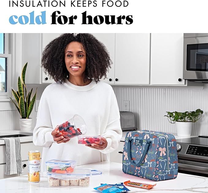 Fit & Fresh Bloomington Lunch Bag for Women - Insulated Large Lunch Box for Work with Containers, Leak-Resistant, Stain-Resistant, Zipper Closure, Denim Bows