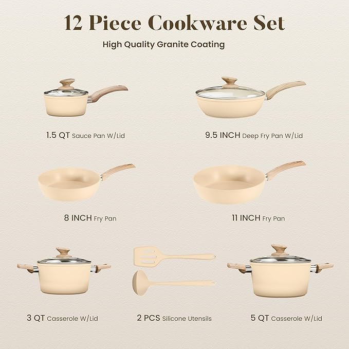 Kitchen Academy Induction Pots and Pans Set Non Stick - 12 Pieces Nonstick Kitchen Cookware Set, Granite Cooking Set Pots and Pans, Beige