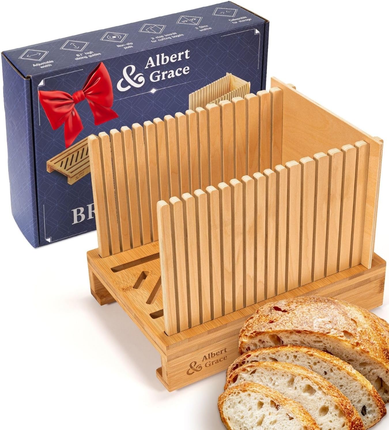Albert&Grace Bamboo Bread Slicer for Homemade Bread – Adjustable Width Slicing Guides, Compact & Foldable Sourdough Loaf Cutter for Perfect Slices & Halving Bagels