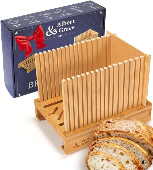 Albert&Grace Bamboo Bread Slicer for Homemade Bread – Adjustable Width Slicing Guides, Compact & Foldable Sourdough Loaf Cutter for Perfect Slices & Halving Bagels