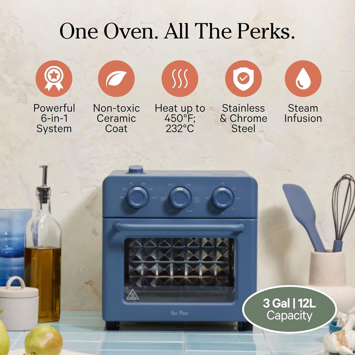 Our Place Wonder Oven & Essentials Kit | 6-in-1 Air Fryer Toaster Oven with Steam Infusion | Countertop Convection Oven Combo with Extra Bake Pan & Air Fryer Basket | Non-toxic, PFAS-Free | Blue Salt