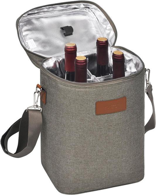 Tirrinia 4 Bottle Wine Gift Carrier - Leakproof & Insulated Padded Portable Wine Carrying Cooler Tote Bag for Travel, BYOB Restaurants, Wine Tasting, Parties, Gift for Wine Lovers, Grey