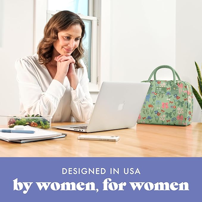 Fit & Fresh Bloomington Lunch Bag for Women - Insulated Large Lunch Box for Work with Containers, Leak-Resistant, Stain-Resistant, Zipper Closure, Sage Bows & Flowers