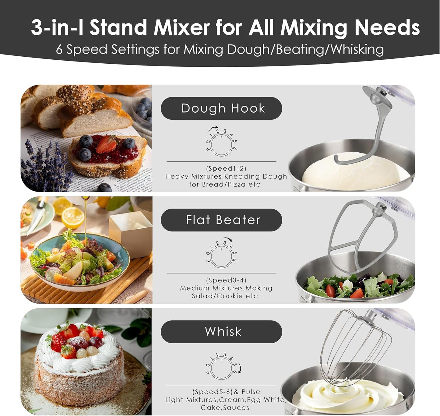 Kitchen in the box Stand Mixer - 6.5 Quart Mixing Bowl with Handle, 900 Watt Heavy Bread Dough Standing Mixers Tilt-head with Dough Hook, Whisk, Flat Beater and Splash Guard (Black)