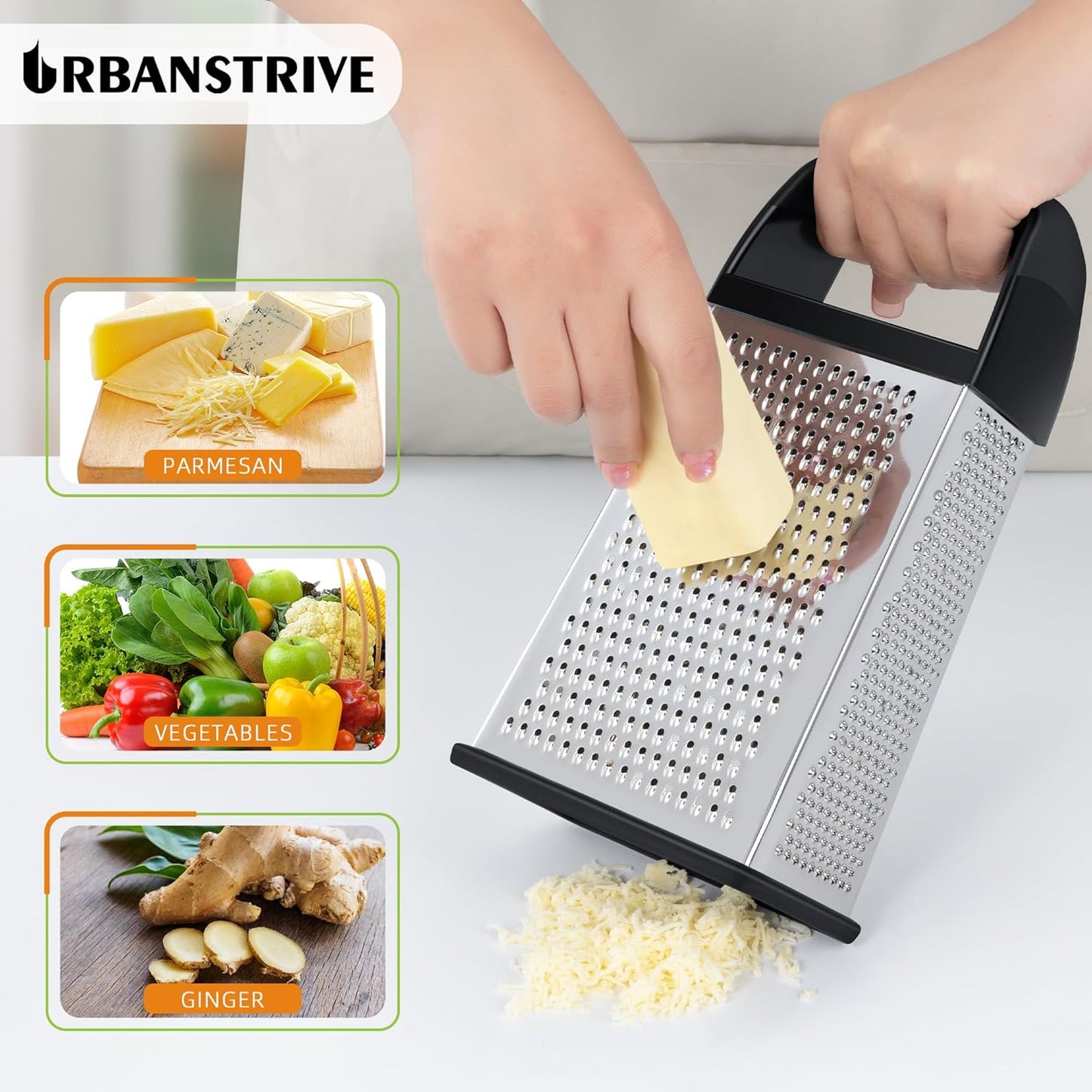 Urbanstrive Cheese Grater With Container Box Grater Stainless Steel Graters for Kitchen Cheese Shredder Parmesan Shredder Kitchen Gadgets Kitchen Tools Kitchen Gifts for Chef Dishwasher Safe Zester