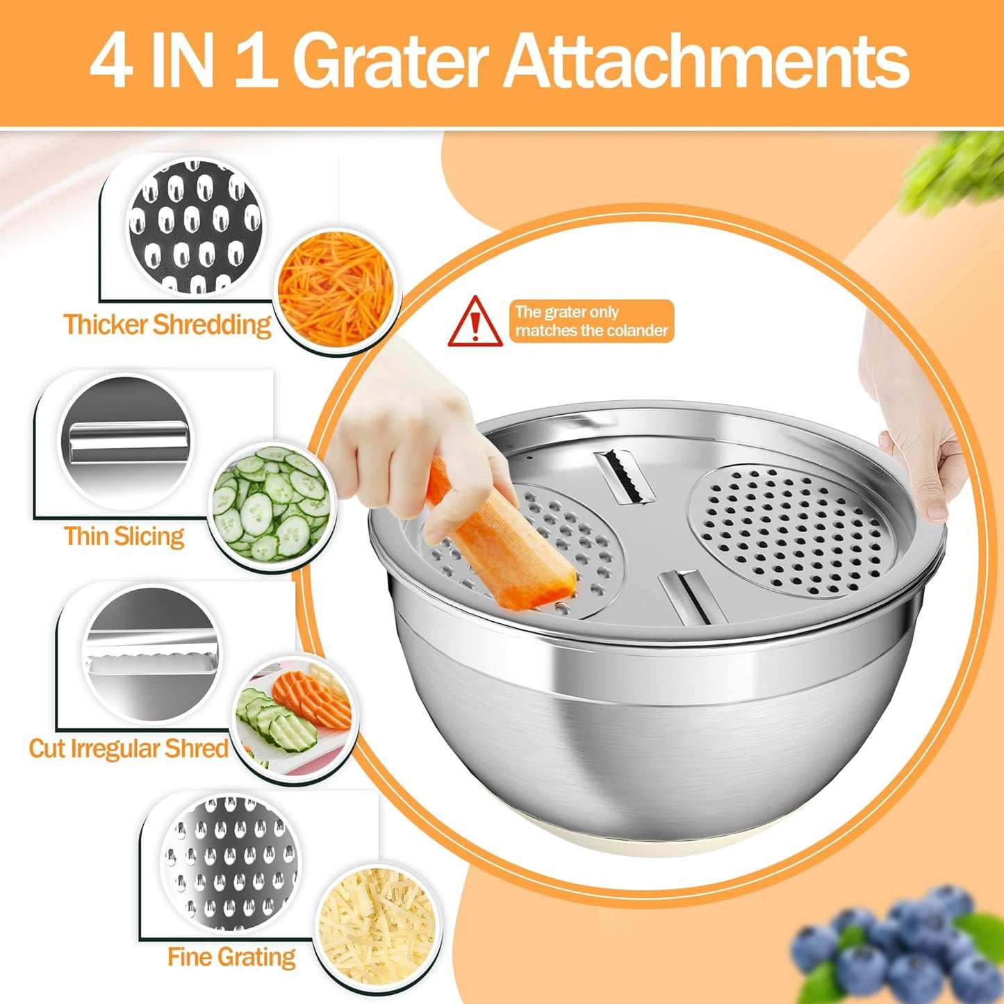 Mixing Bowls with Airtight Lids, Stainless Steel Mixing Bowl Set with 3 Metal Nesting Bowls, Colander & Grater, Non-Slip Bottoms, Size 1.5, 2.5, 5 QT, Great for Mixing & Serving, Khaki
