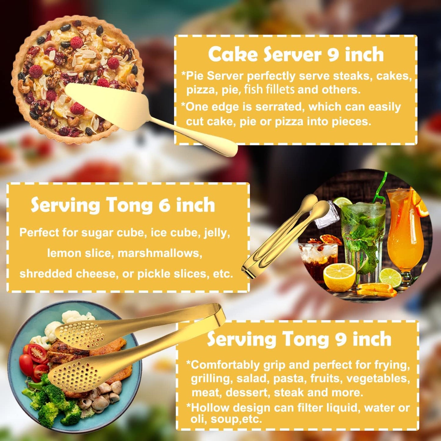 11 PCS Serving Utensils, Large Stainless Steel Spoons Forks Tongs, Pie Server, Great for Hostess Buffet Catering Banquet Party, Gold