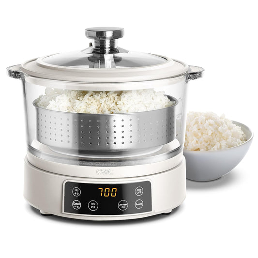 COOK WITH COLOR 3L Glass Low Carb Rice Cooker - Makes 6 Cups Cooked Low Sugar Rice with Auto Lift Filter Basket, Hotpot & Steamer for Rice, Grains and Oats, Digital Panel with Keep Warm, Cream
