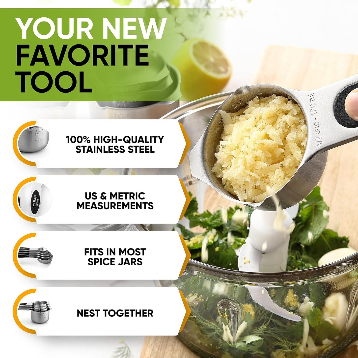 Spring Chef Magnetic Measuring Cups & Spoons Set, Patented, Strong N45 Magnets, Heavy Duty Stainless Steel Fits in Spice Jars for Baking & Cooking, BPA Free, Round Set of 9, Black