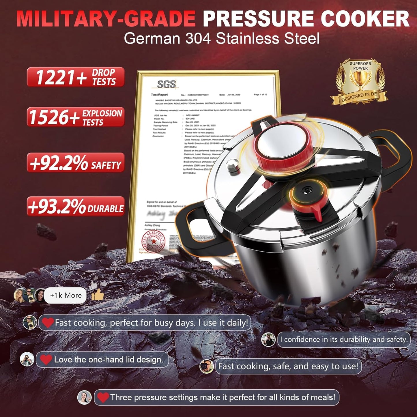 3-In-1 Stainless Steel Pressure Cooker 8 QT: [Save 70% Time] [3 PSI Settings], One-Hand Locking, Induction Compatible, Glass Lid & Steamer Rack Included, Olla de Presion