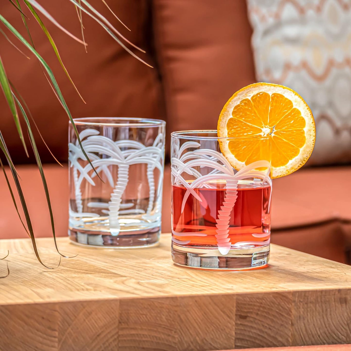 Rolf Glass Palm Tree Double Old Fashioned Glass 13 ounces – Engraved Whiskey Glasses - Lead-Free Tumbler Glass – US Made (Set of 2)