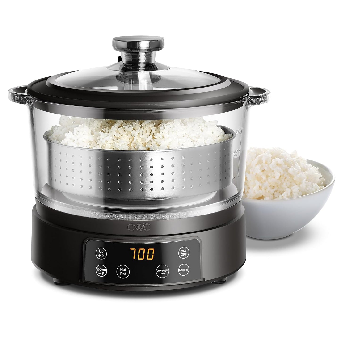 COOK WITH COLOR 3L Glass Low Carb Rice Cooker - Makes 6 Cups Cooked Low Sugar Rice with Auto Lift Filter Basket, Hotpot & Steamer for Rice, Grains and Oats, Digital Panel with Keep Warm, Black