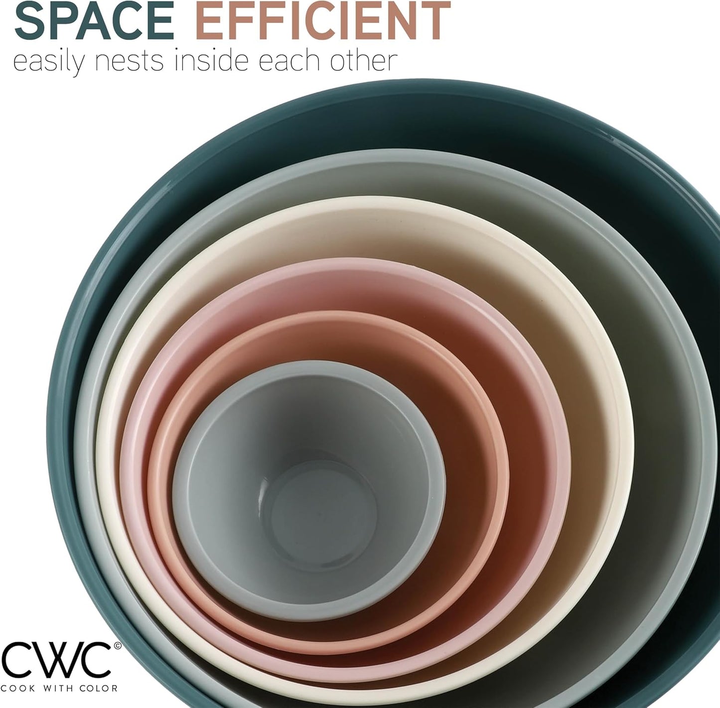 COOK WITH COLOR Mixing Bowls with TPR Lids - 12 Piece Plastic Nesting Bowls Set includes 6 Prep Bowls and 6 Lids, Microwave Safe (Teal)