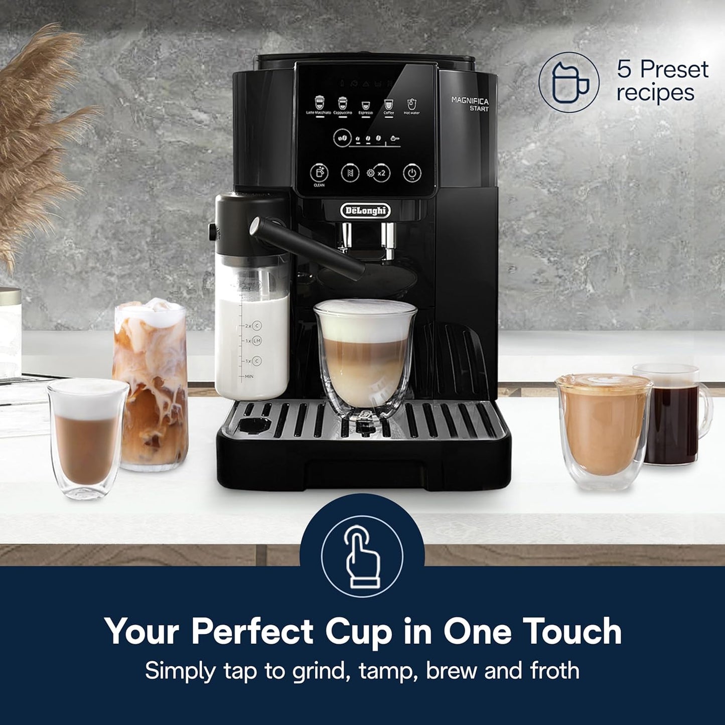 De'Longhi Magnifica Start Automatic Espresso Machine with Auto Milk Frother & Built in Grinder - 5 One-Touch Recipes, Easy-to-Clean, Home Barista Coffee Maker for Lattes, Cappuccino, Iced Coffee