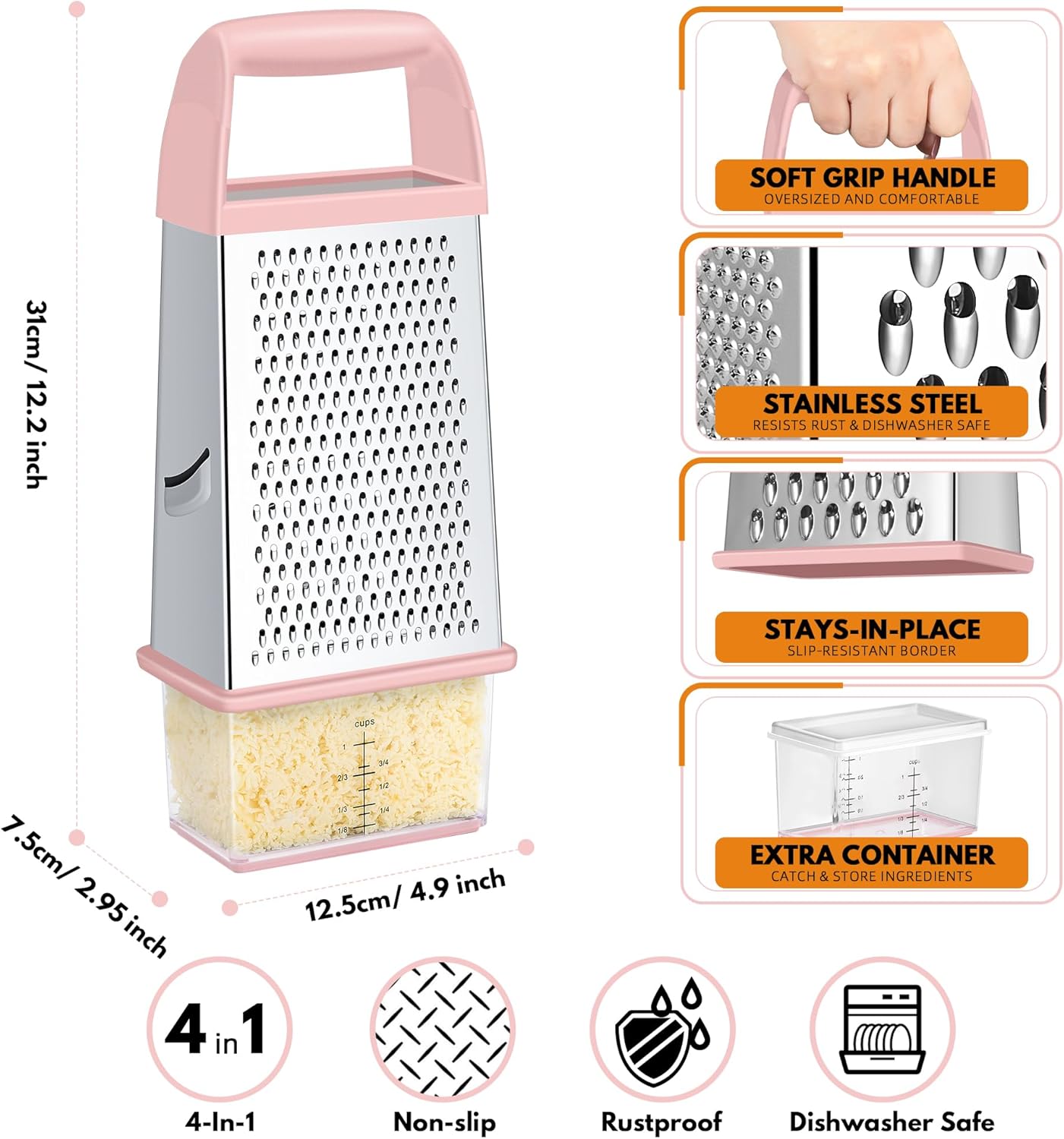 Urbanstrive Cheese Grater With Container, Professional Cheese Grater with Handle, Stainless Steel Graters for Kitchen Handheld, Box Grater with 4 Sides for Vegetables, Ginger, Potatoes (Pink)