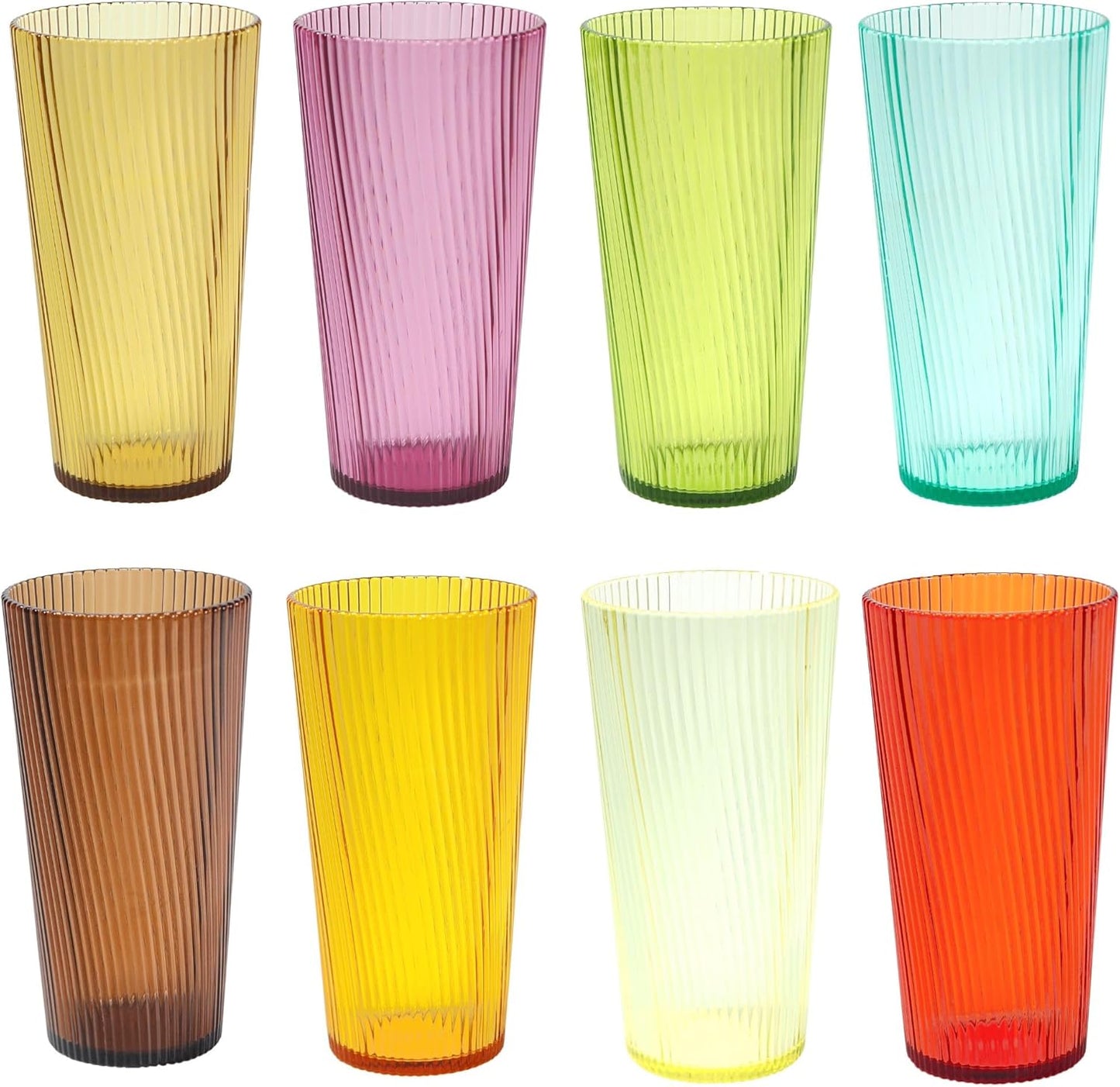 8-Piece Twill Plastic Tumbler Set, 19oz Stackable Drinking Glasses, BPA-Free & Food Grade, Ribbed Design, Top-Rack Dishwasher Safe, Durable Cups for Patio, Party, Gift and Everyday Use