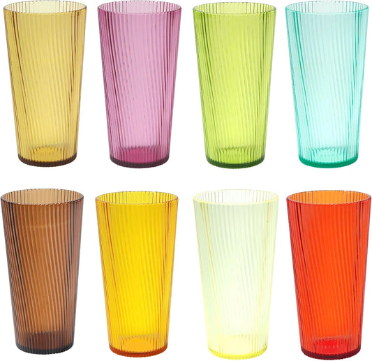 8-Piece Twill Plastic Tumbler Set, 19oz Stackable Drinking Glasses, BPA-Free & Food Grade, Ribbed Design, Top-Rack Dishwasher Safe, Durable Cups for Patio, Party, Gift and Everyday Use