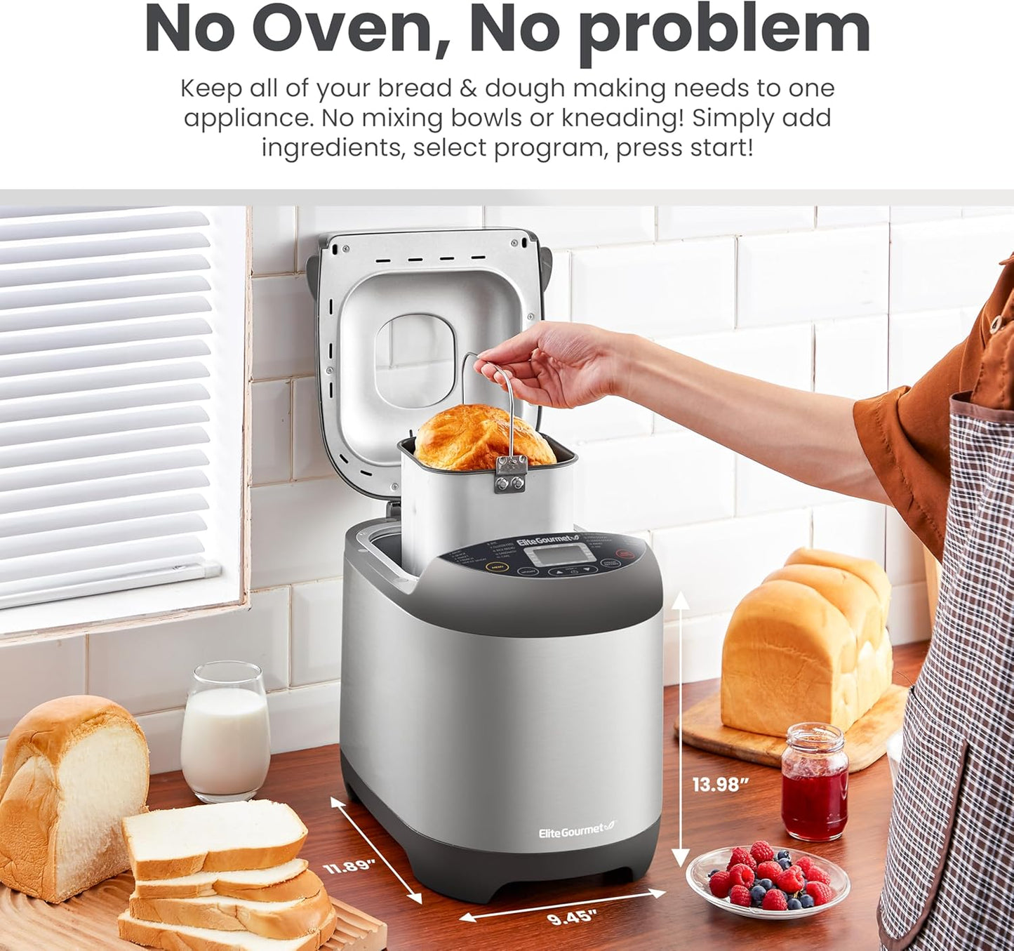 Elite Gourmet EBM8103SS Programmable Bread Maker Machine, 3 Loaf Sizes, 19 Menu Functions Gluten Free White Wheat Rye French and more, 2 Lb, Stainless Steel