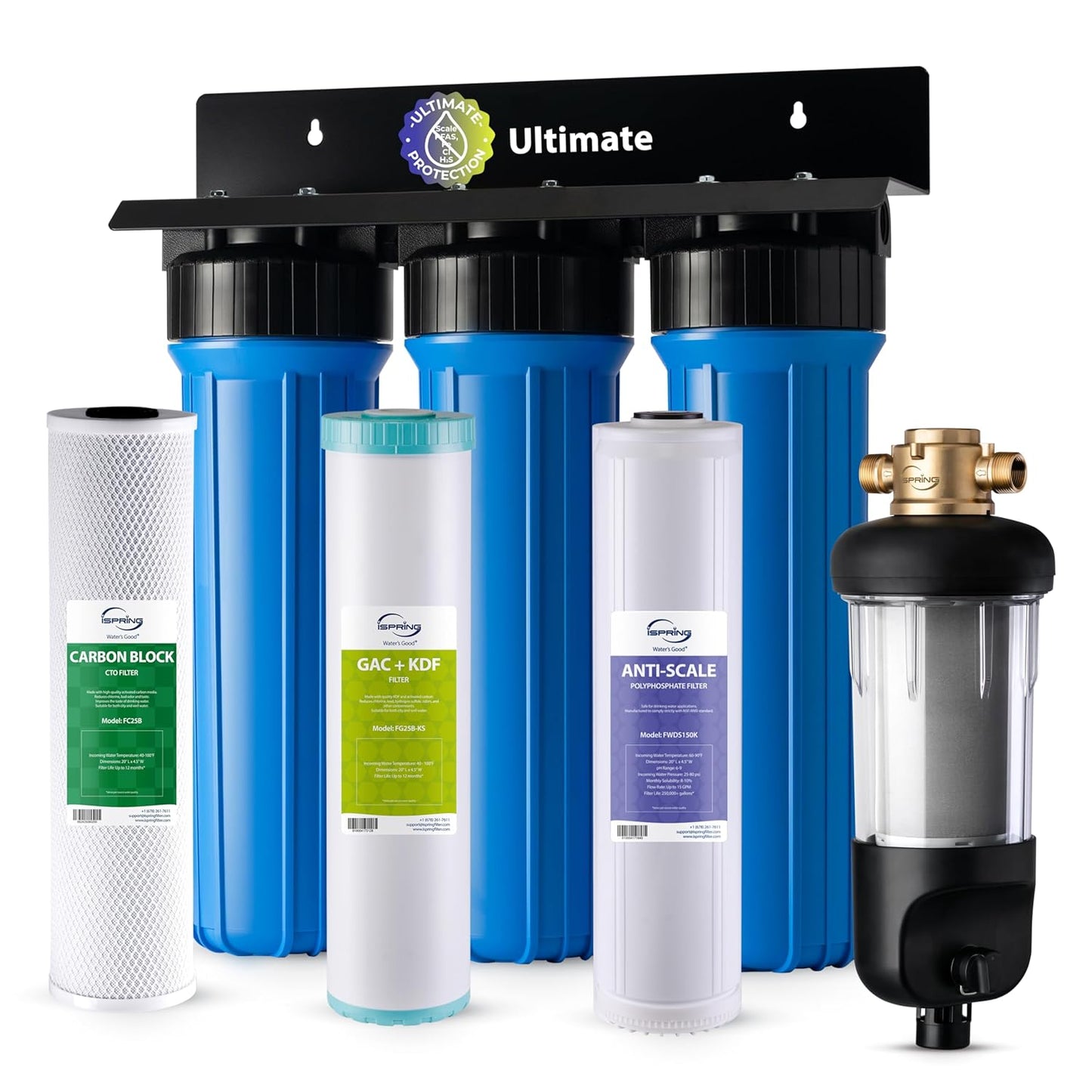 iSpring Whole House Water Filter System w/Jumbo-Sized Spin Down Sediment Filter, Polyphosphate Anti-Scale, GAC+KDF, and Carbon Block Water Filters, Water Descaler and Filter, Model: WGB32B-KDS+WSP50J