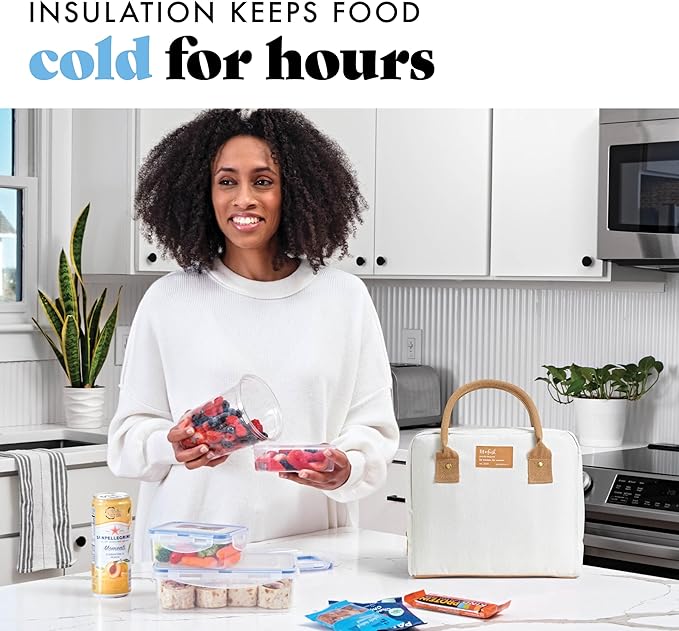 Fit & Fresh Lunch Bag For Women, Insulated Womens Lunch Bag For Work, Leakproof & Stain-Resistant Large Lunch Box For Women With Containers, Zipper Closure Bloomington Bag, Ivory Woven