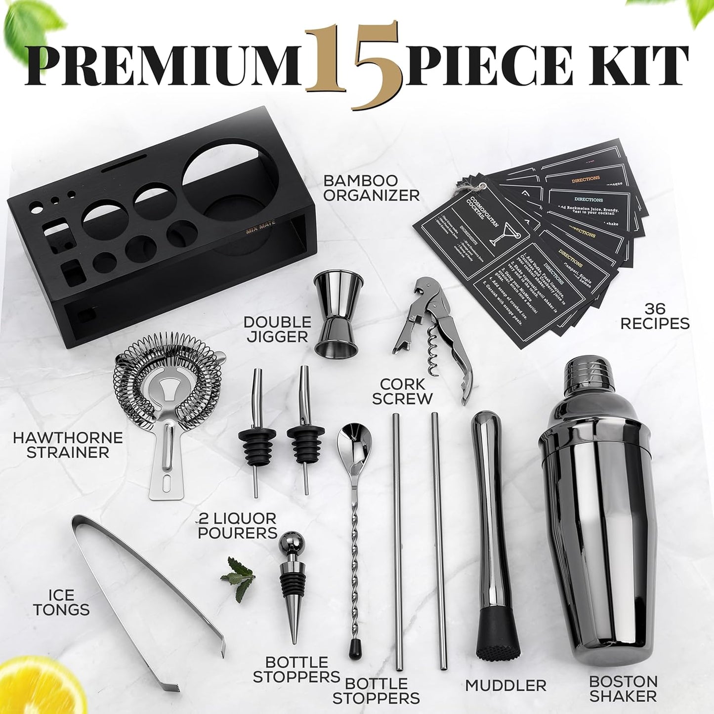 Black Stainless Steel Cocktail Shaker Set with Wood Stand - 15 Piece Bartender Kit with Drink Shaker, Bar Spoon, Jigger, Muddler, Strainer, Bottle Opener, Stopper, Pour Spout, Stirrers, Tongs, Recipes